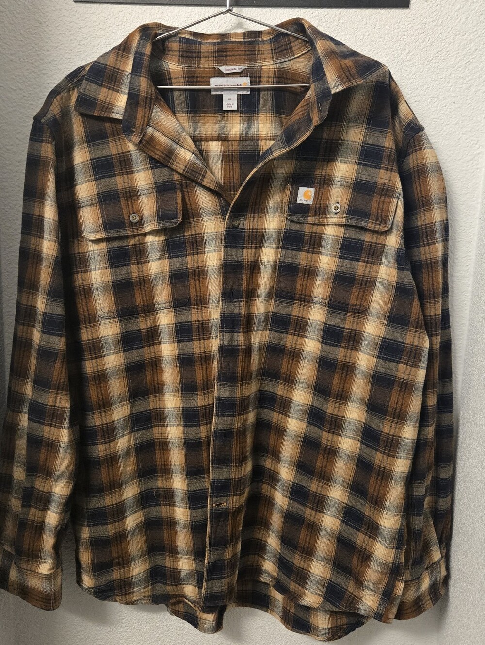 Plaid Flannel Button Up Shirt Original Fit Men's XL Brown Black